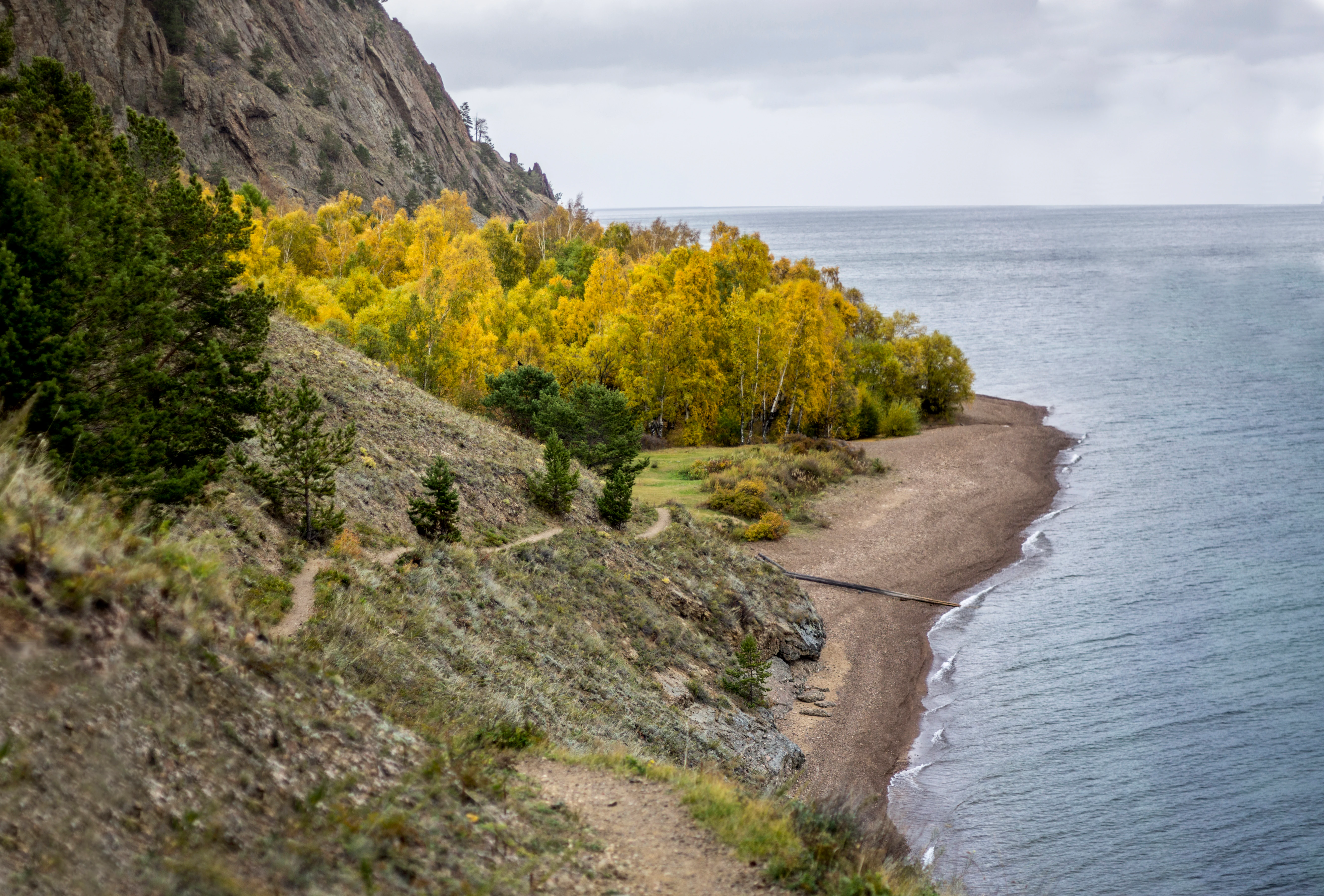 A dirt hiking trail winds along a rugged, grassy hillside overlooking the water of Lake Baikal, with a forest of yellow and green trees nestled between the hills and a sandy beach.