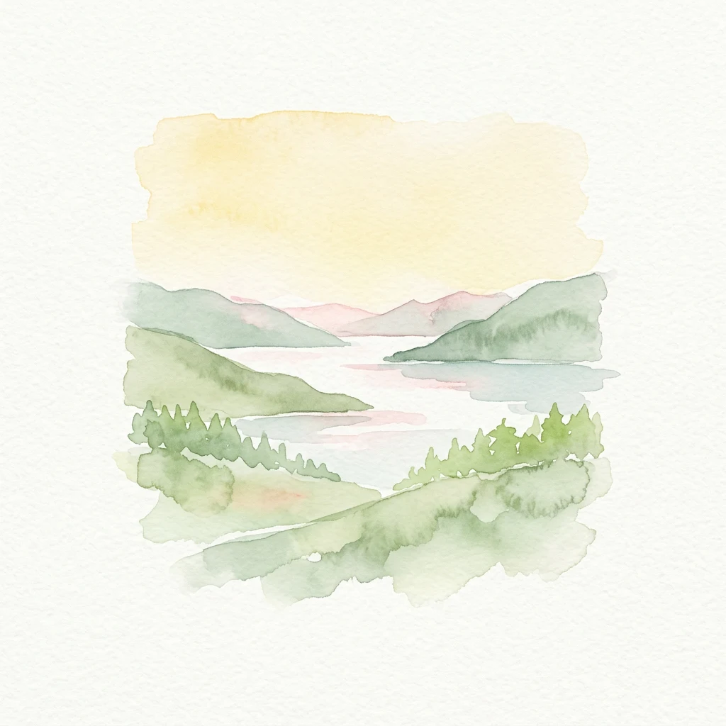 Ilustración de acuarela que muestra un lago rodeado de colinas y bosques