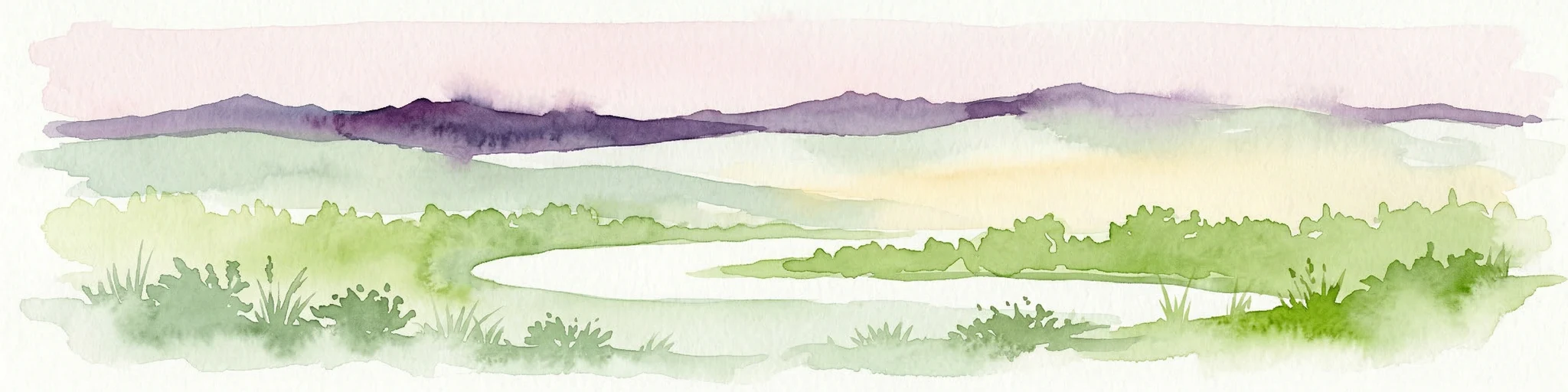 Ilustración en acuarela que muestra un lago, vegetación verde y montañas bajo un cielo claro