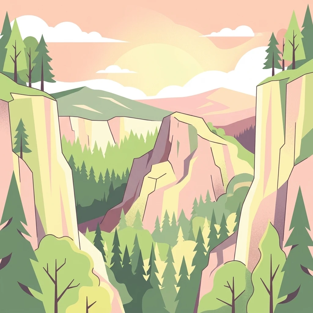 Una ilustración digital de un cañón boscoso con altos acantilados rocosos de color claro bajo un amanecer, representada en un estilo vectorial plano con tonos pastel.