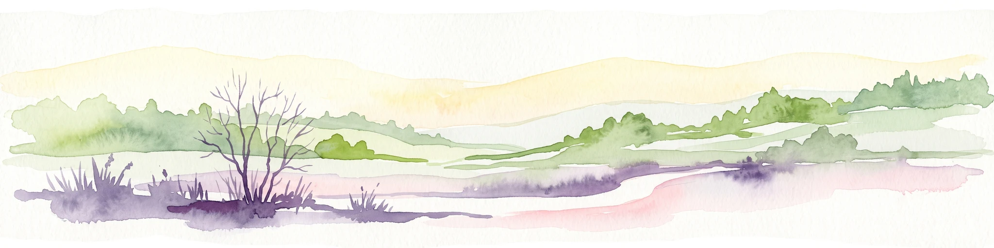 A horizontal watercolor illustration showing a soft, dreamy landscape with rolling green hills, light purple and yellow tones, a winding path or stream, and a lone bare tree in the foreground.