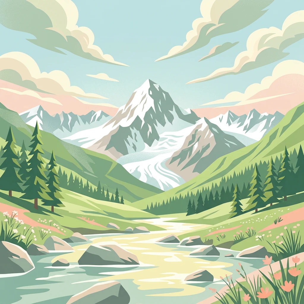 Ilustración de un paisaje montañoso con un pico nevado, río, colinas verdes, pinos y terreno rocoso bajo un cielo parcialmente nublado
