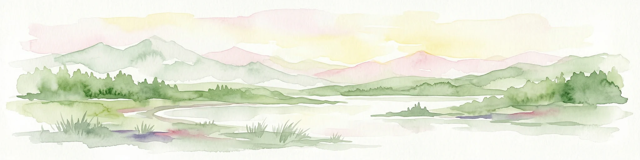 Pintura de acuarela de montañas, lago y paisaje boscoso con vegetación y picos distantes