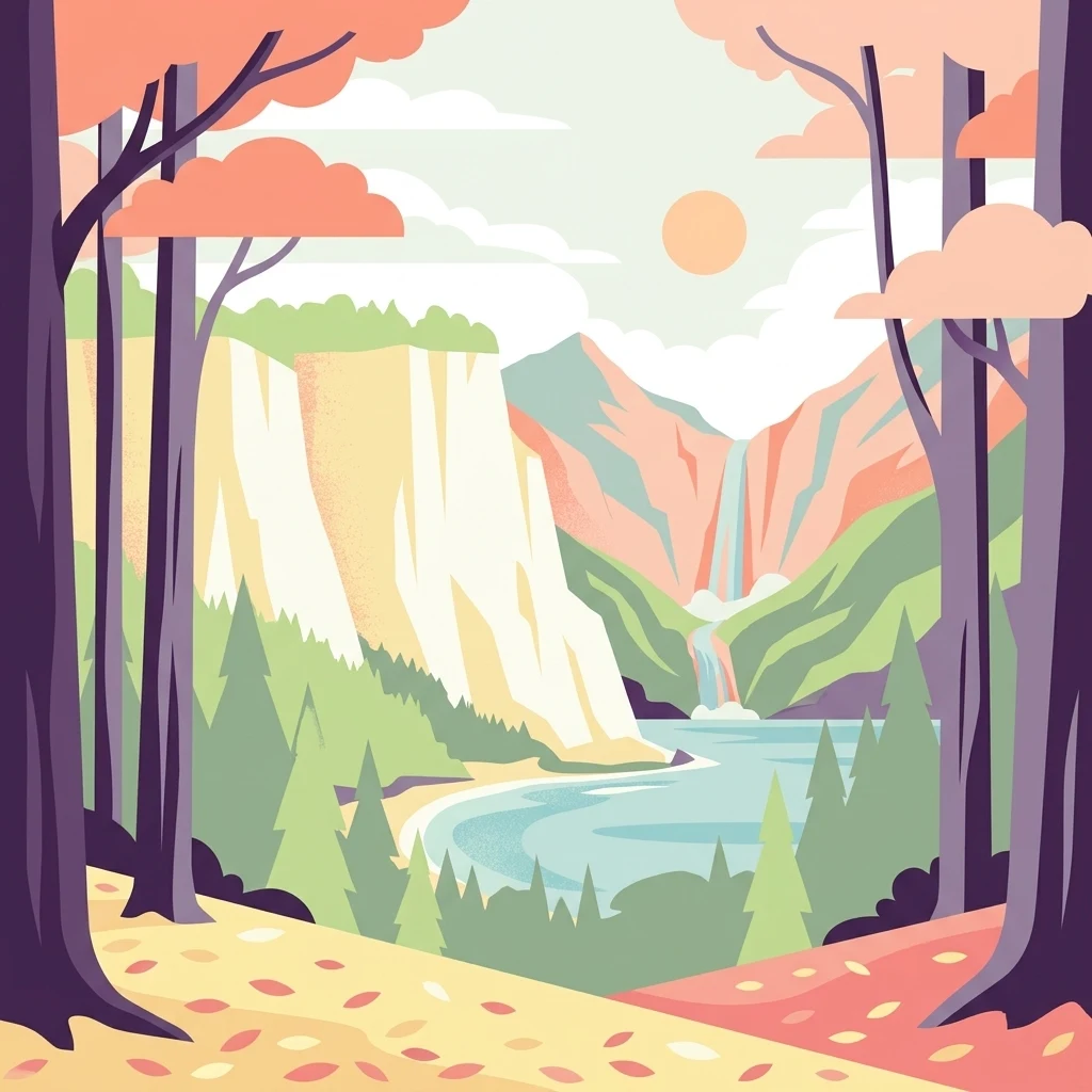 Una ilustración digital de estilo plano de un paisaje escénico con árboles altos en primer plano, un gran acantilado de color claro a la izquierda, una cascada que fluye hacia un lago central y montañas lejanas bajo un sol poniente.