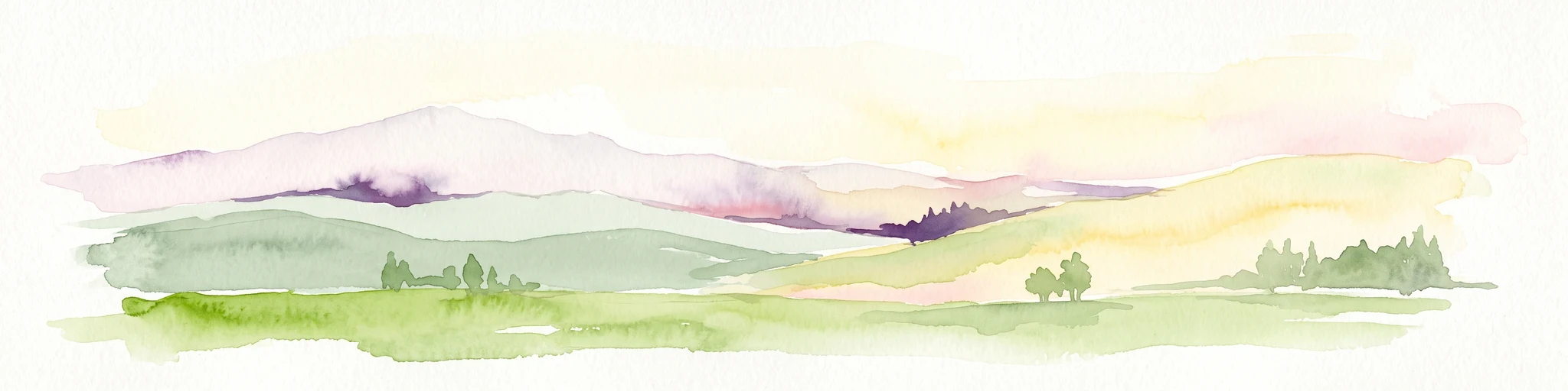 A minimalist watercolor painting showing rolling green hills and distant mountain ridgelines in soft pastel tones of green and violet against a white background.