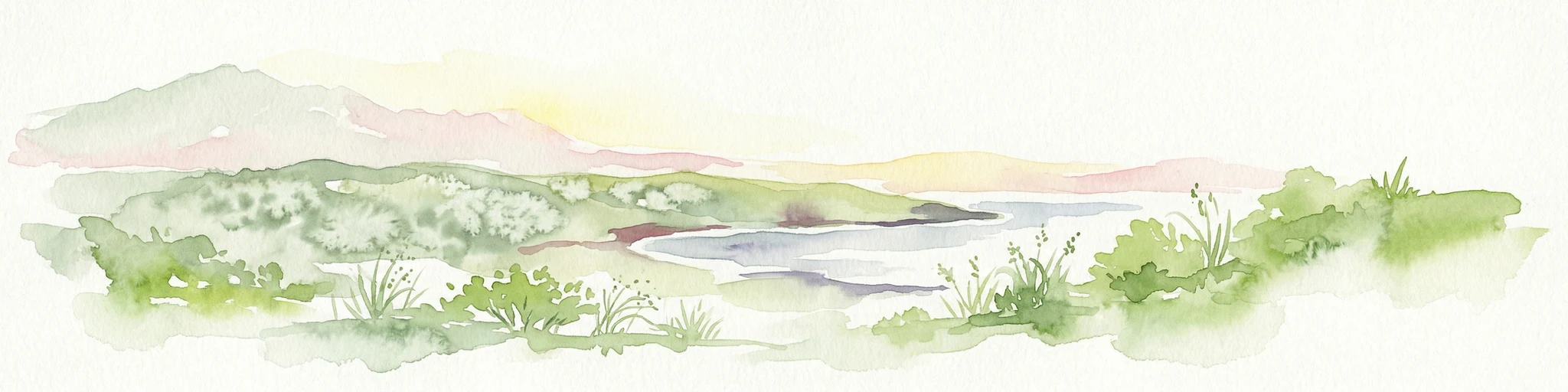Pintura de acuarela de un paisaje costero con colinas onduladas, vegetación verde y un cuerpo de agua bajo un cielo suave