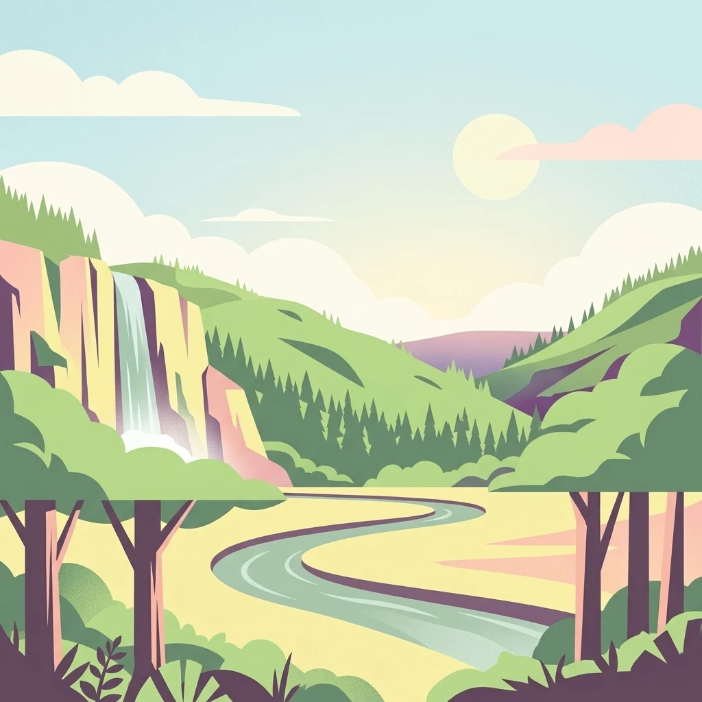 Una ilustración plana de estilo vectorial que muestra un río serpenteante a través de un valle con colinas boscosas, una cascada que cae por un acantilado a la izquierda y un cielo suave al atardecer.