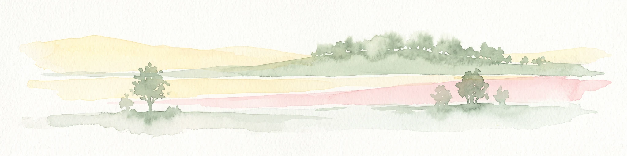 A minimalist watercolor illustration showing rolling green hills and a few trees against a pale yellow and pink background.