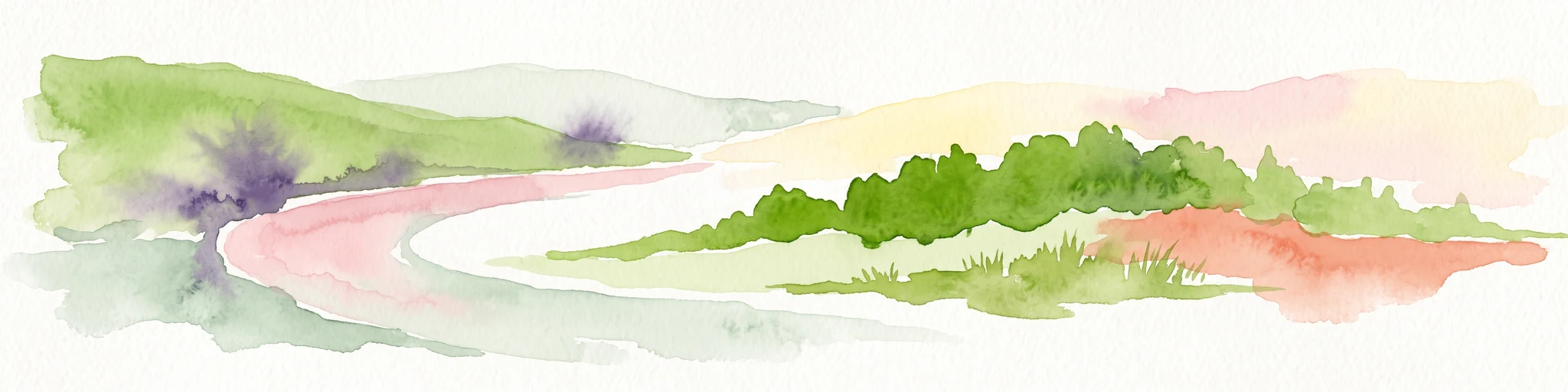 A minimalist watercolor painting depicting a winding river through green rolling hills and meadows on a white background.