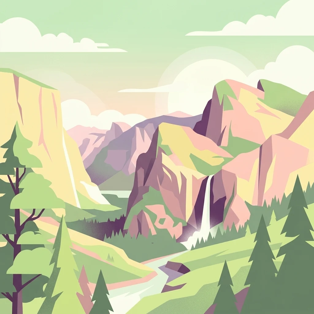 A stylized vector illustration showing a valley with high cliffs, a flowing river, pine trees, and a waterfall cascading down a mountain face under a soft sky.