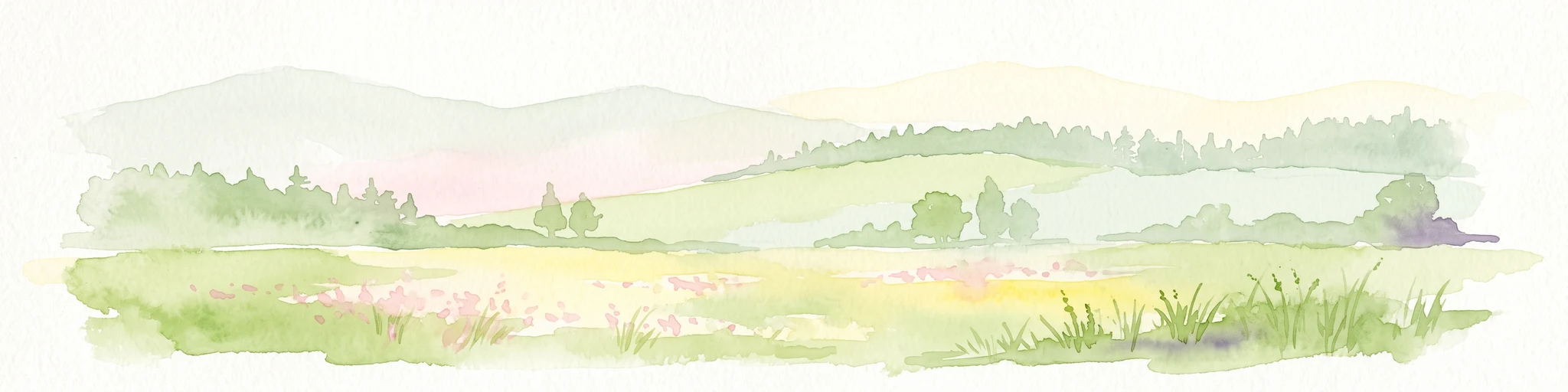 A horizontal watercolor illustration showing rolling green hills and meadows against a soft, pale background, with trees and soft light.