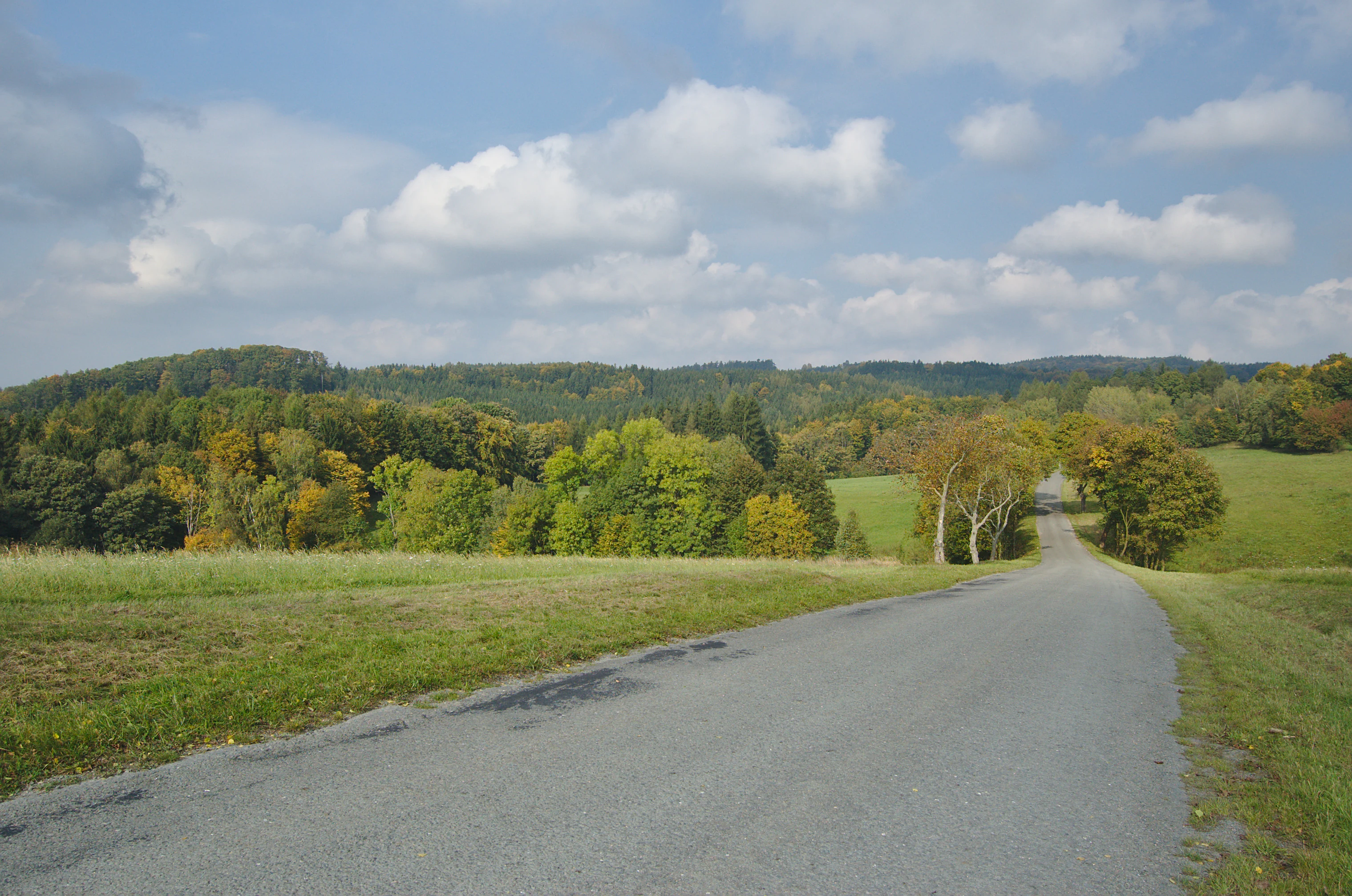 A paved road stretching into the distance through a rural landscape featuring rolling green hills, meadows, and patches of deciduous trees under a partially cloudy blue sky.