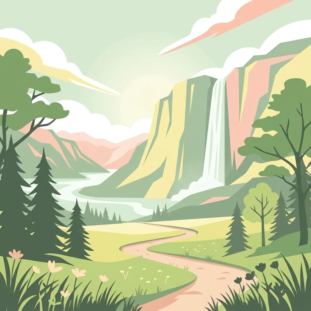 An illustration of a winding dirt path leading through a sunny valley toward a waterfall flowing down a rocky cliff, surrounded by evergreen trees.