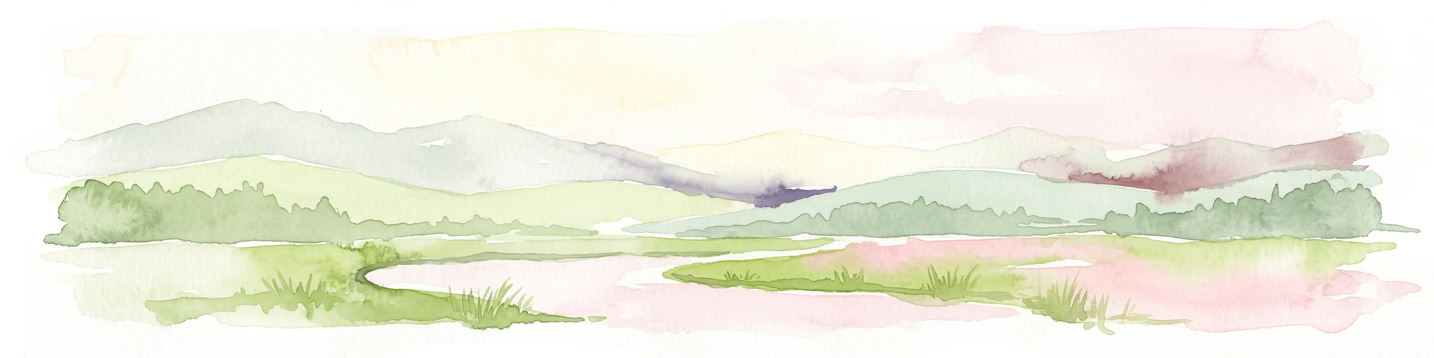 Watercolor painting of a soft landscape with rolling hills, meadows, and a small body of water under a light sky.