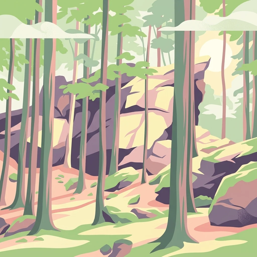 A graphic illustration of a forest scene featuring tall, slender trees, large rocky outcrops, and soft, warm sunlight filtering through the canopy.
