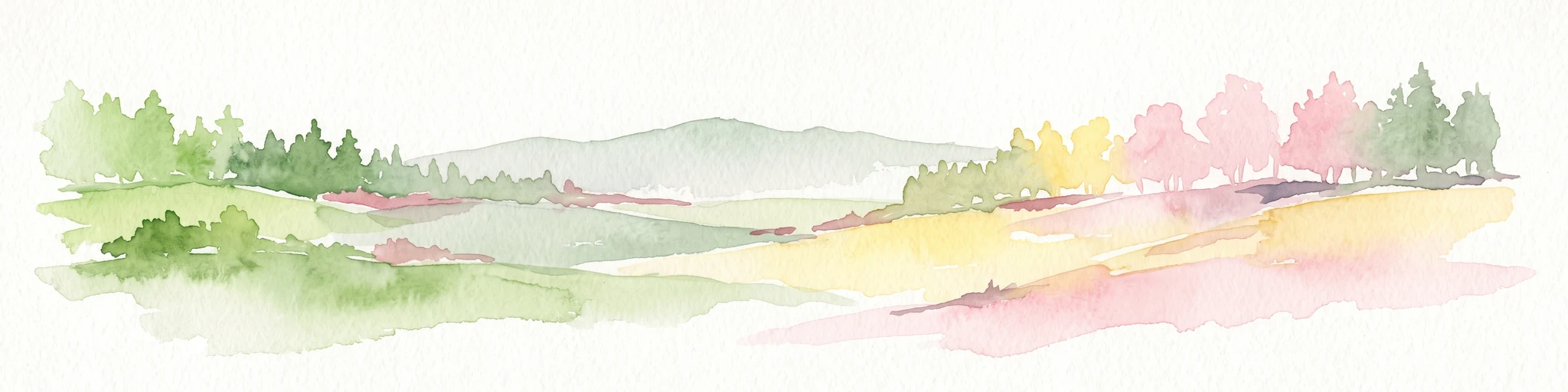 Watercolor painting of a rolling countryside scene featuring green hills, forest edges, and muted pastel tones on a white background.