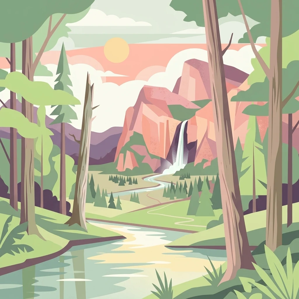 A flat vector-style illustration showing a forest clearing with a winding river flowing toward a distant mountain with a waterfall, under a pale sun.