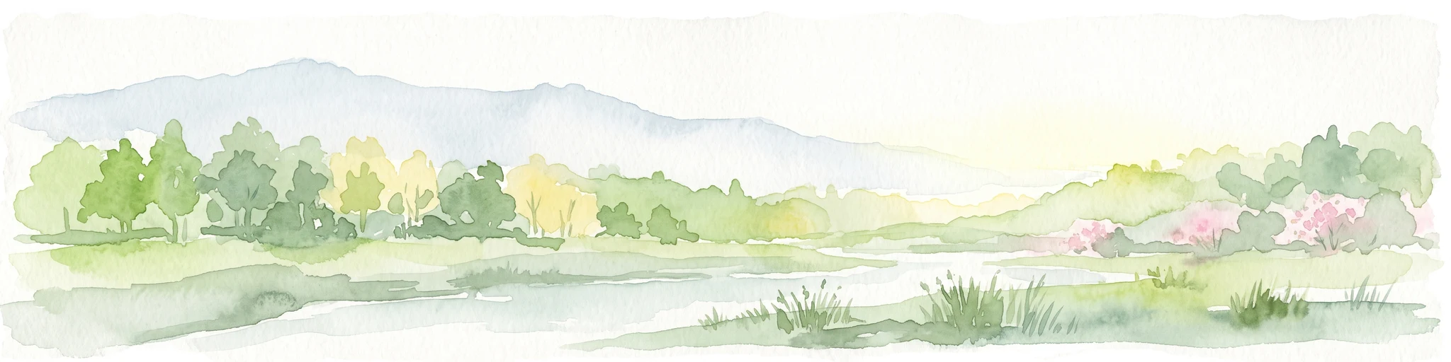 A pale, soft-toned watercolor painting of a rolling landscape featuring a stream in the foreground, scattered trees in the midground, and faint mountains in the distant background.