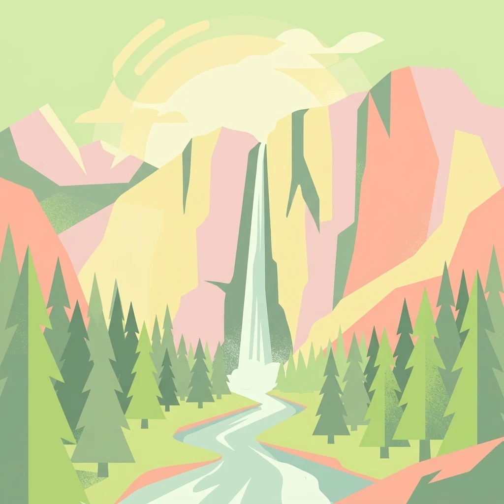An artistic, flat-style illustration showing a stylized mountain range with a central waterfall feeding into a winding river, all surrounded by green evergreen trees.