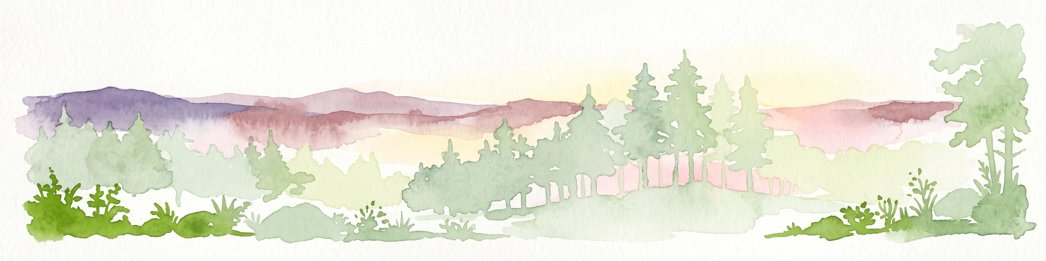Watercolor painting of a forested hillside with evergreen trees and distant rolling purple mountains.