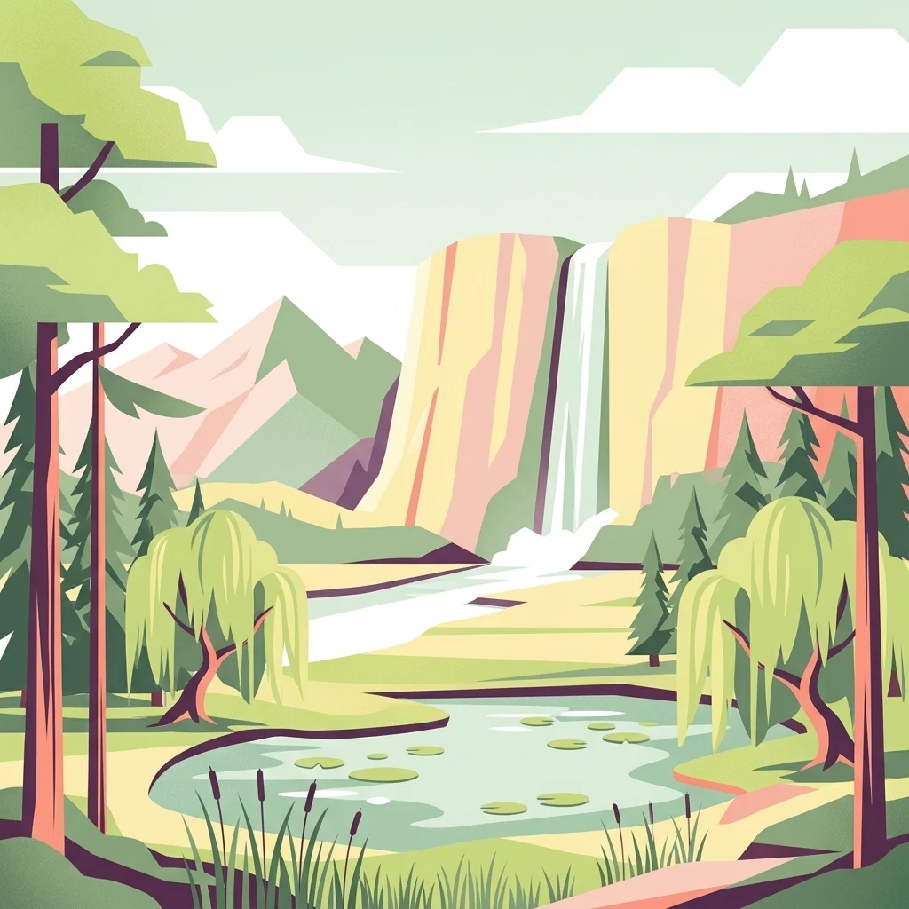 A flat vector-style illustration showing a waterfall cascading down a cliff into a stream, with willow-like trees and a lily pad pond in the foreground.