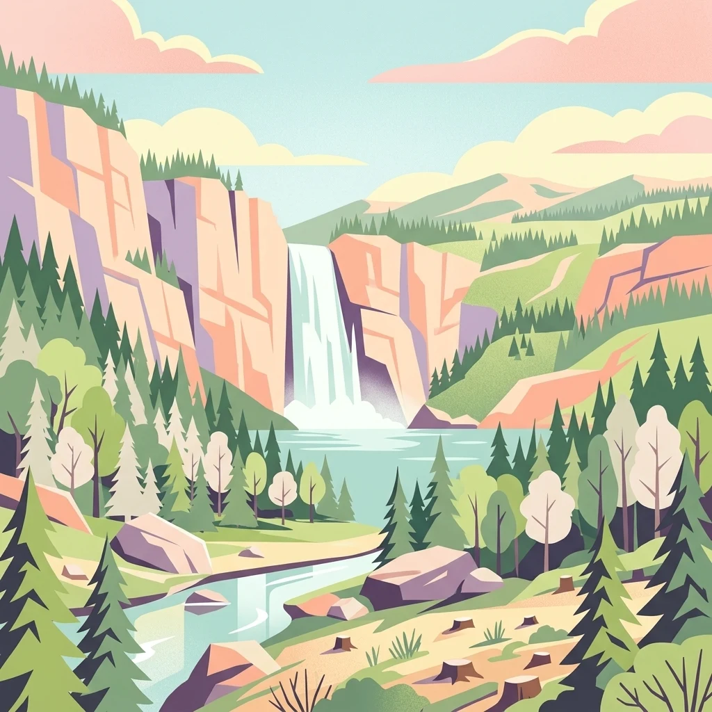 A flat, vector-style illustration of a landscape with a waterfall flowing down cliffs into a pool, surrounded by a coniferous forest, rolling hills, and some tree stumps in the foreground.