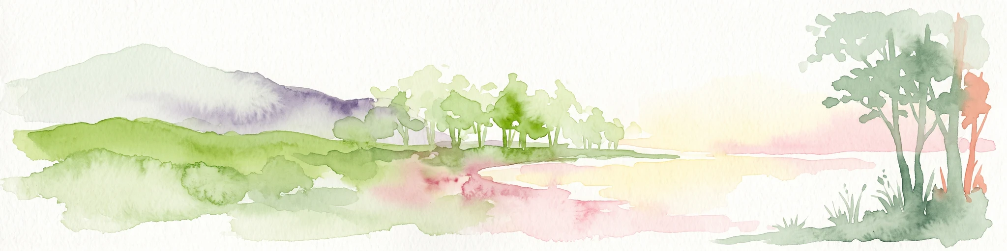 A horizontal watercolor painting depicting a soft landscape with green hills, light forest foliage, and a water body in a muted, warm color palette.