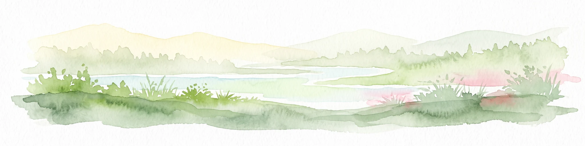 A pale watercolor painting showing a river winding through green hills and gentle slopes.