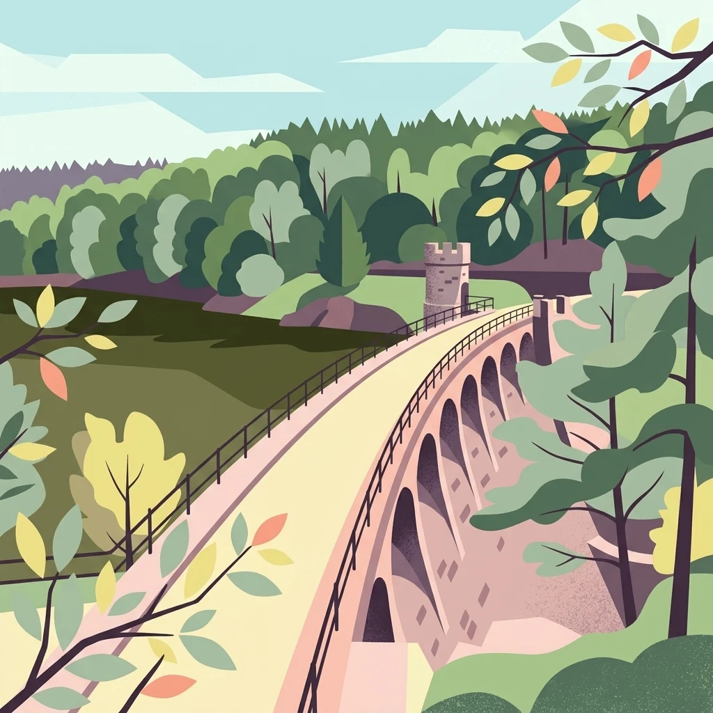 A stylized digital illustration of a stone dam with multiple arches, surrounded by green forests and a river, typical of the landscape in Přírodní park Doubrava.