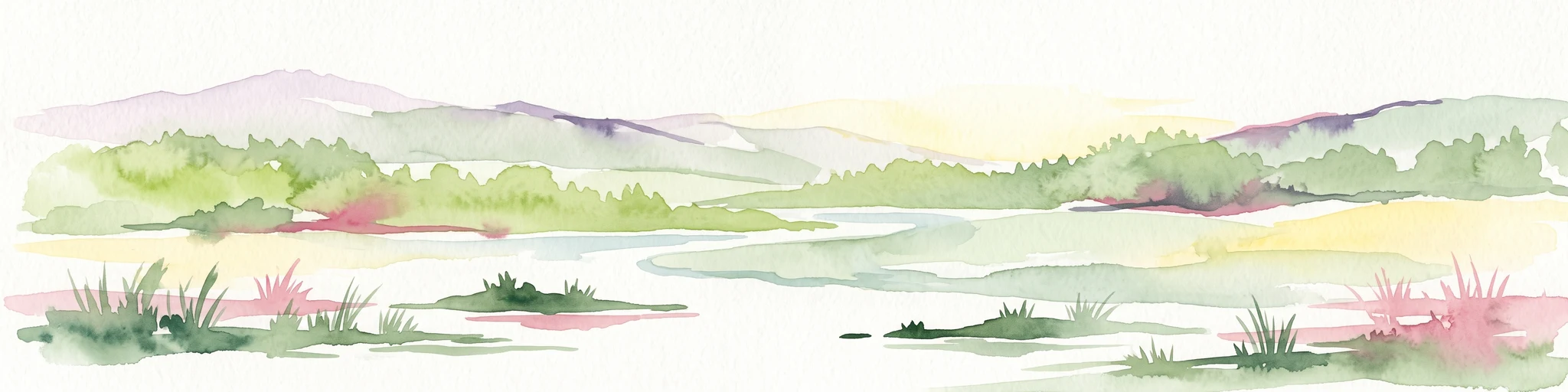 A soft watercolor painting of a river landscape with rolling hills, grassy riverbanks, and light green vegetation under a pale sky.