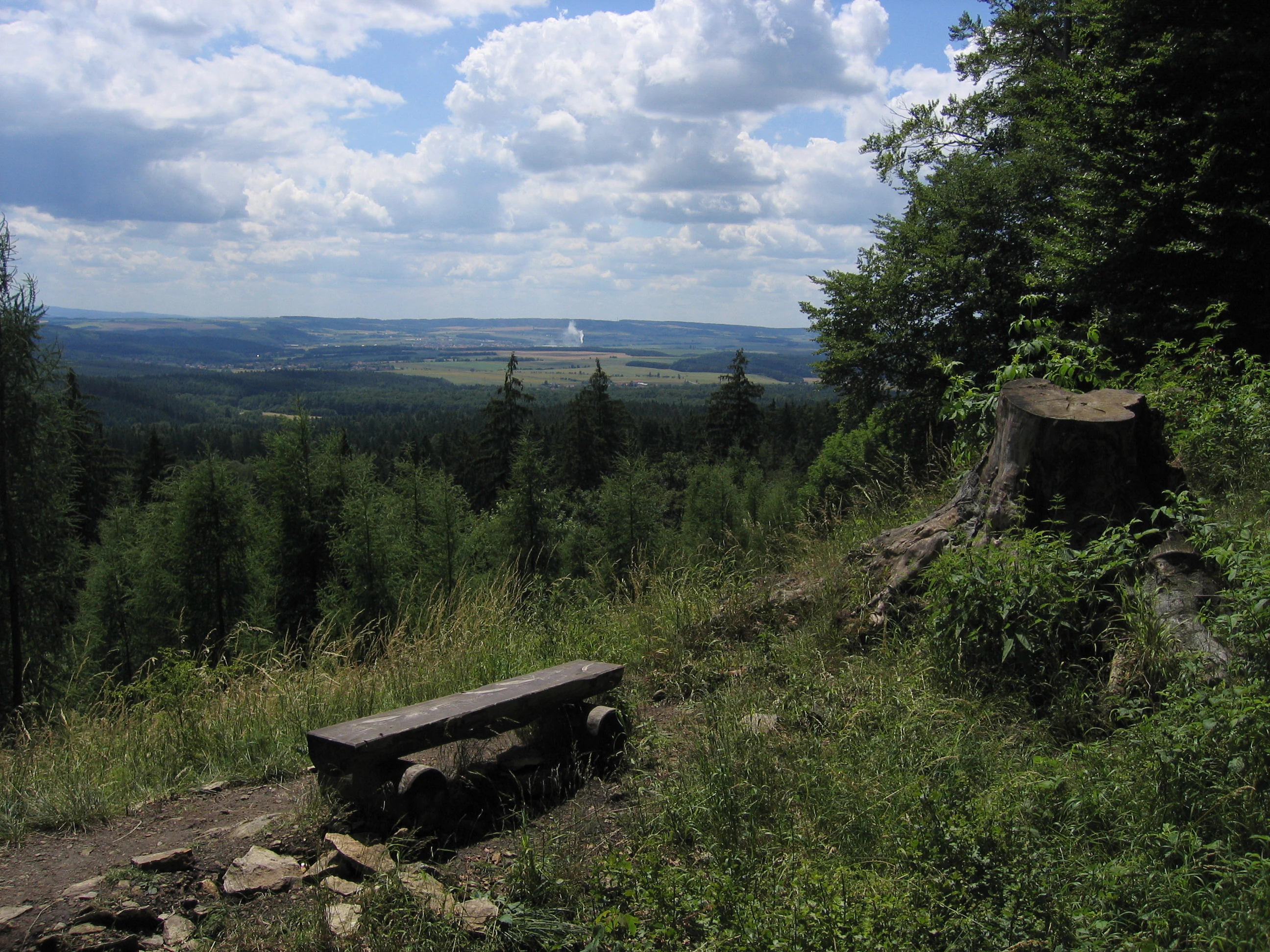 A rustic wooden bench sits on a grassy hillside overlooking a wide, forested valley under a partly cloudy sky, with a large tree stump in the foreground.