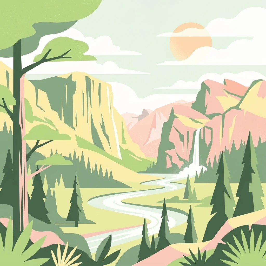 A flat-style digital illustration of a mountain valley featuring a winding river, a waterfall, pine forests, and rocky cliffs under a soft sun.