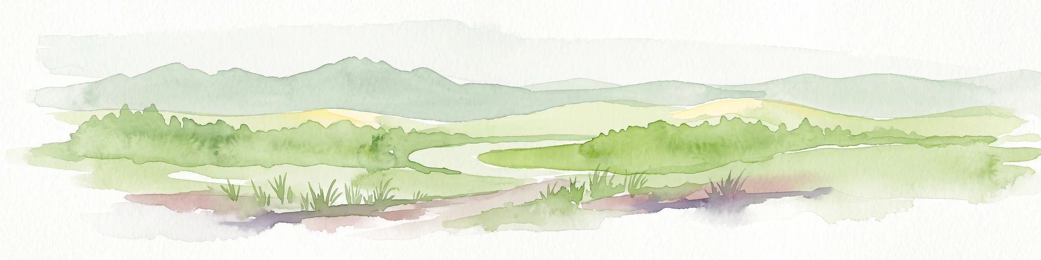 A soft, light-toned watercolor painting depicting a green, hilly landscape with a winding path in the foreground.