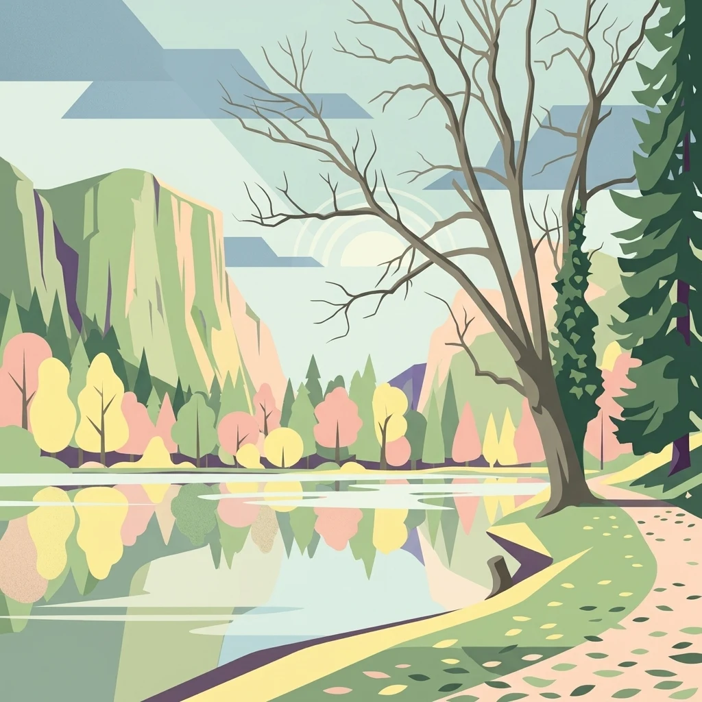 An illustrative style digital painting of a tranquil park scene with a lake in the foreground, a path along the bank, and mountains in the distance, depicted with a muted, pastel-toned color palette.