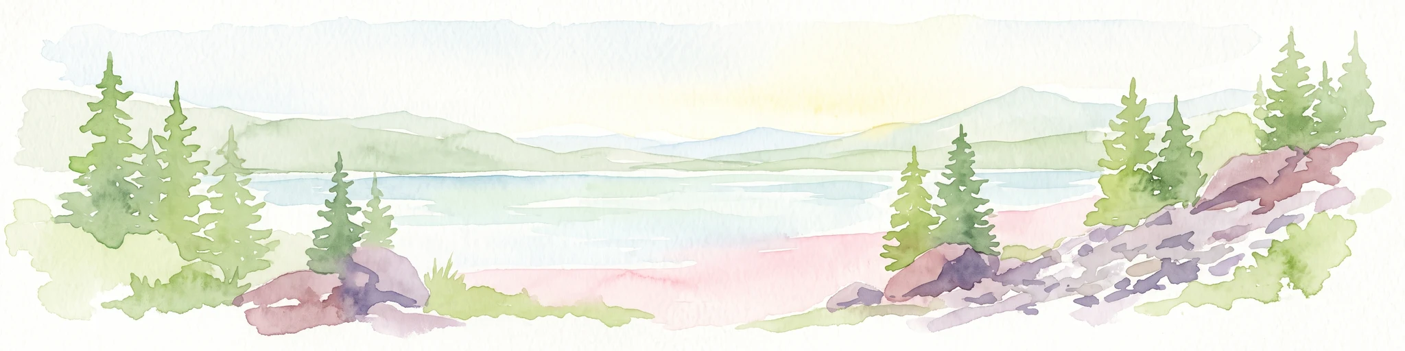 A watercolor painting showing a river valley with coniferous trees, rocky riverbanks, and distant rolling hills in a soft, pastel palette.