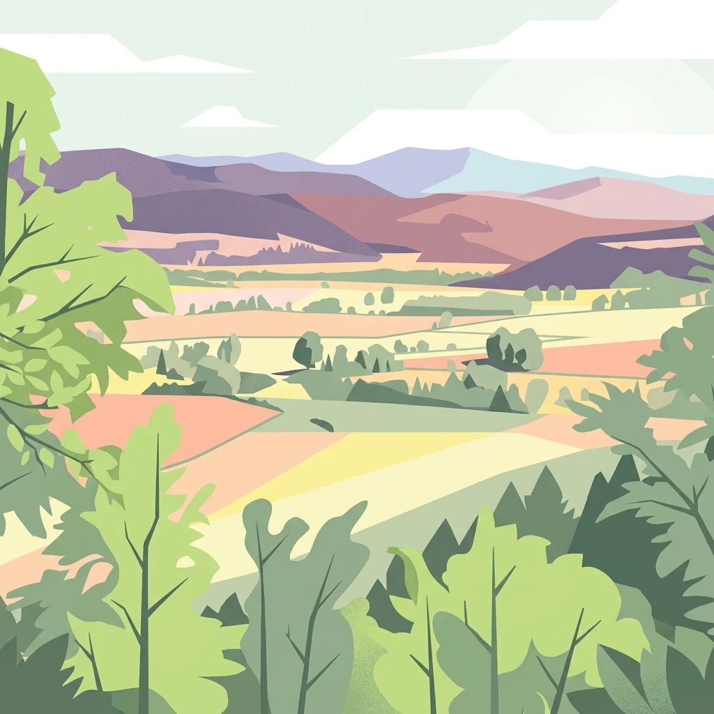 Una ilustración digital que muestra una vista panorámica de colinas onduladas y campos agrícolas enmarcados por árboles en primer plano.