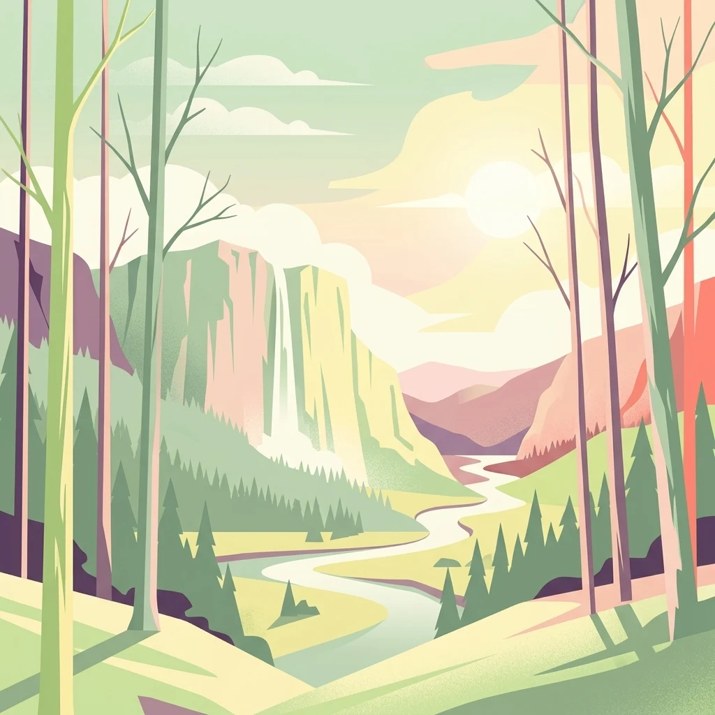 A stylized digital illustration featuring tall trees framing a mountain valley with a waterfall cascading down a cliff, a winding river, and a soft, pastel-colored sunset sky.