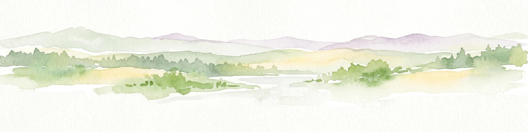 A soft watercolor illustration depicting a panoramic view of rolling green hills, distant light purple mountain ridges, and a central valley stream.