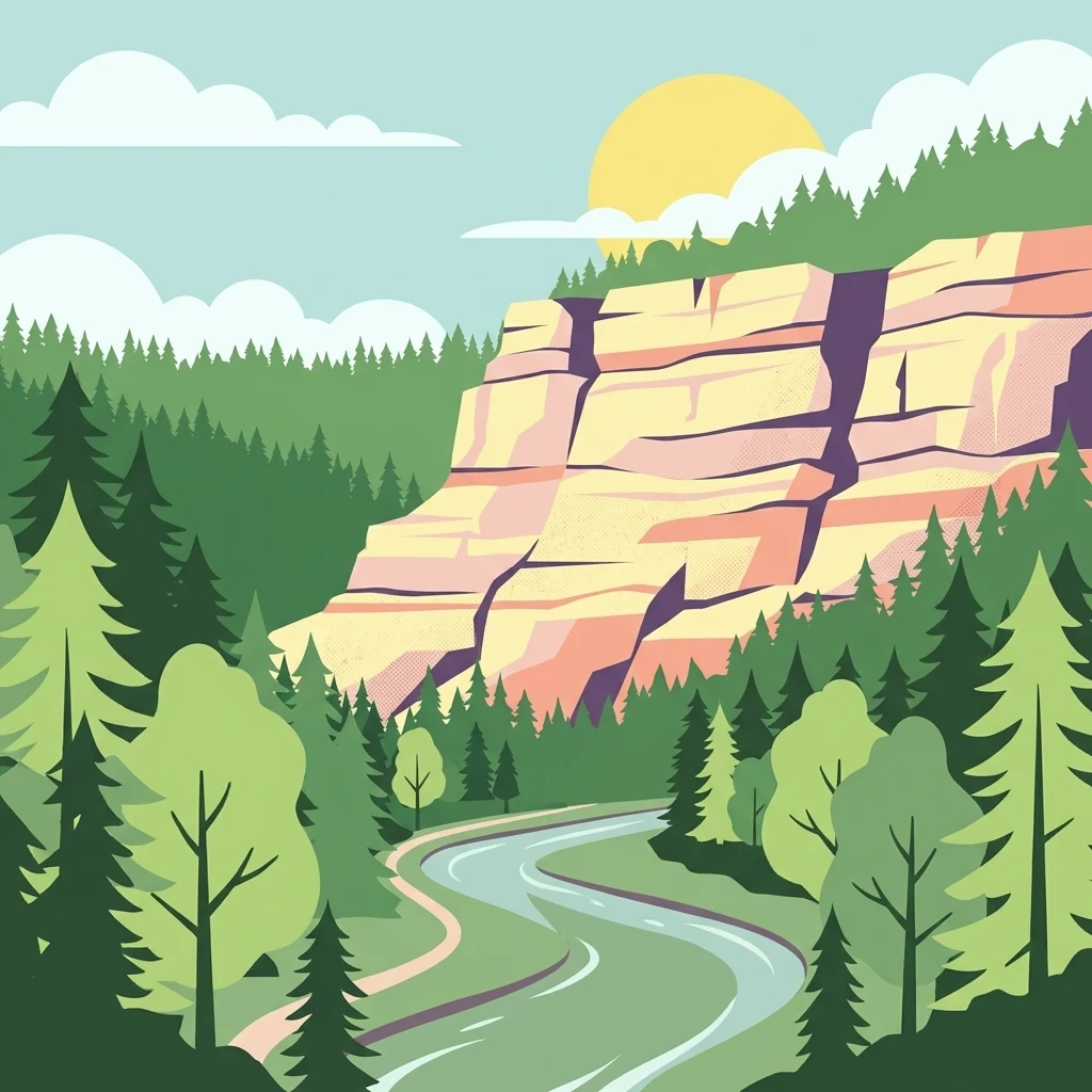 A colorful vector style illustration showing a winding river and path flowing through a green forest with tall pine trees, leading towards large layered rock cliffs under a sunny sky with clouds.