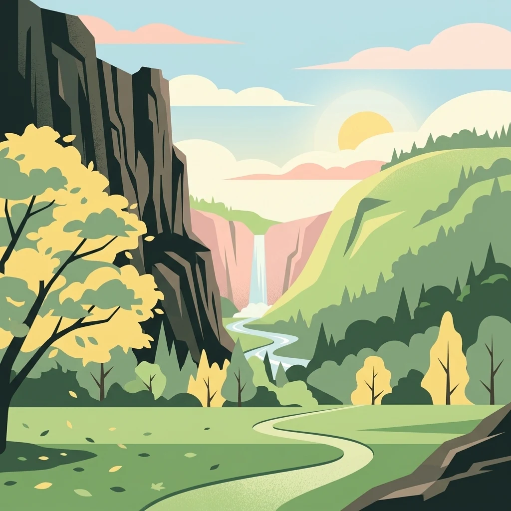 A flat, vector-style illustration of a green mountain valley with a winding river, a central waterfall, and steep dark cliffs on the left side under a soft sun.