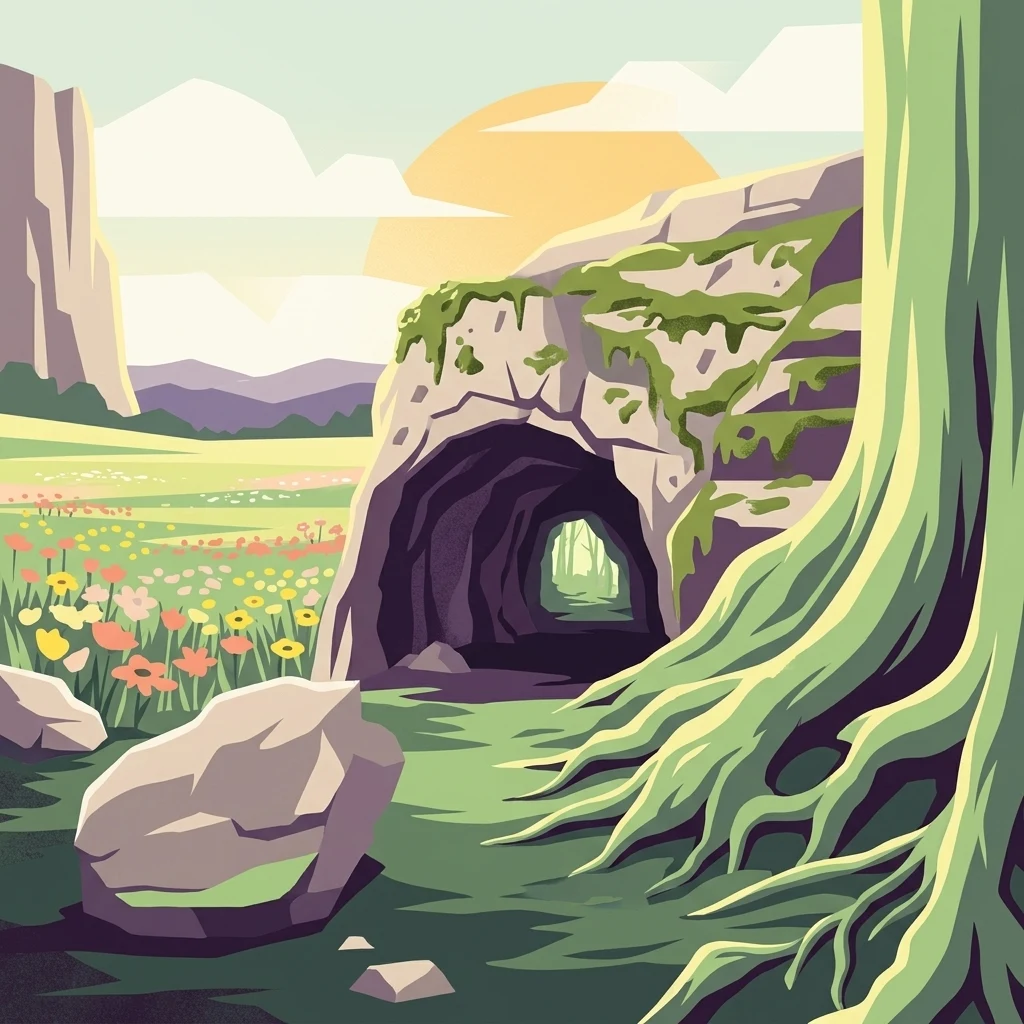 A stylized digital illustration of a cave entrance within a limestone rock formation, surrounded by a flowery meadow and a large tree with visible roots in the foreground.
