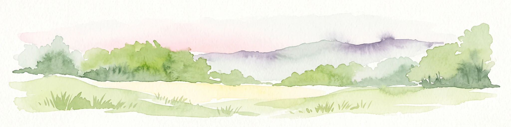 A soft watercolor illustration of a rural landscape with green fields and distant purple-hued hills.