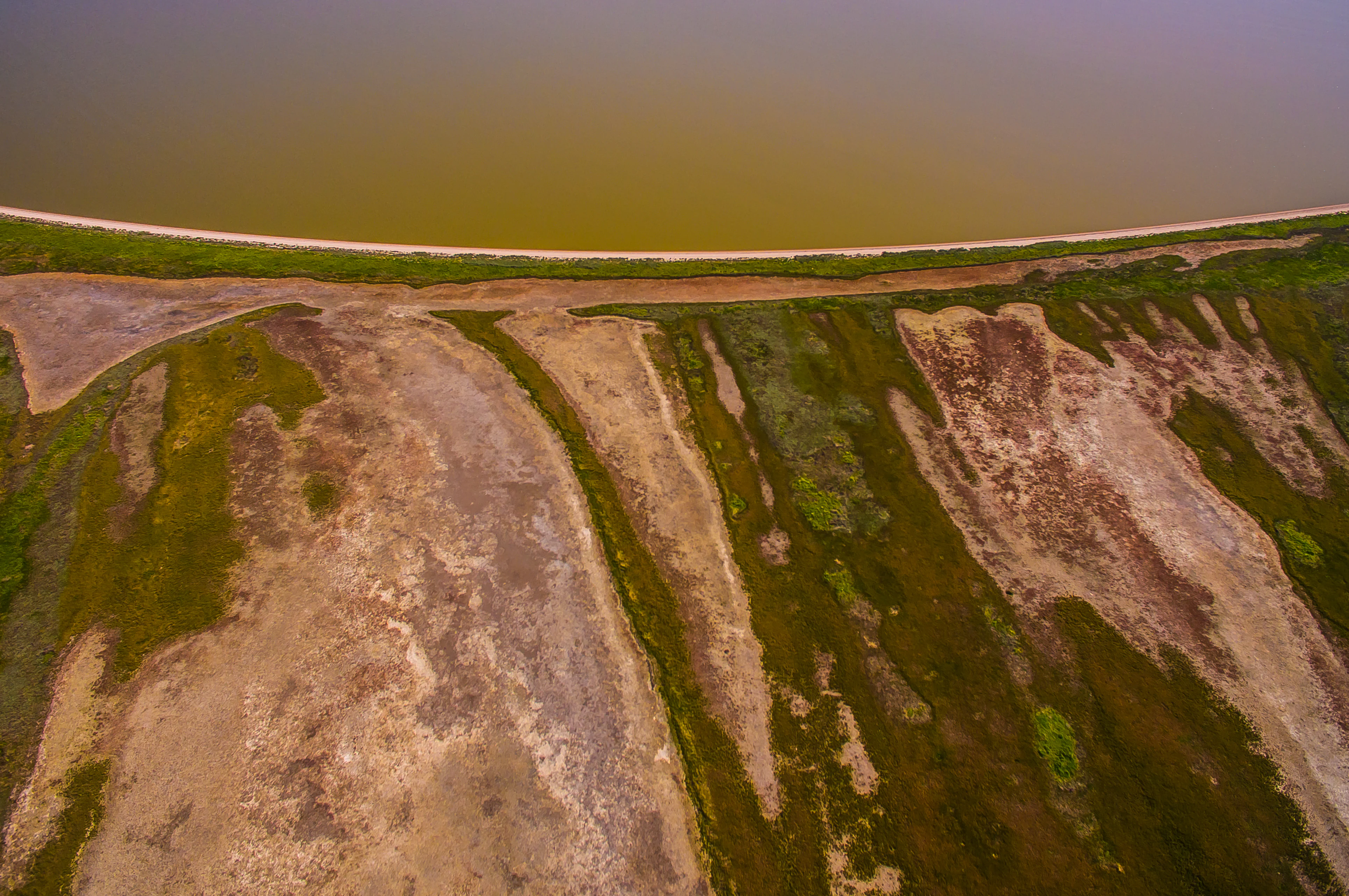 Aerial view of a coastal landscape with patches of green vegetation and sandy terrain adjacent to a body of water