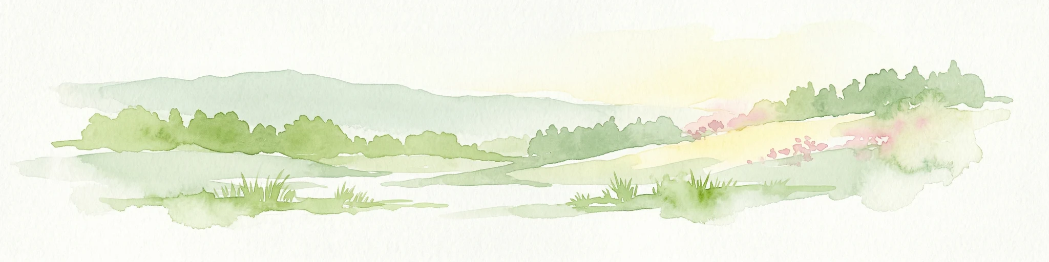 Pintura de acuarela de un paisaje con colinas verdes, masas de agua y vegetación