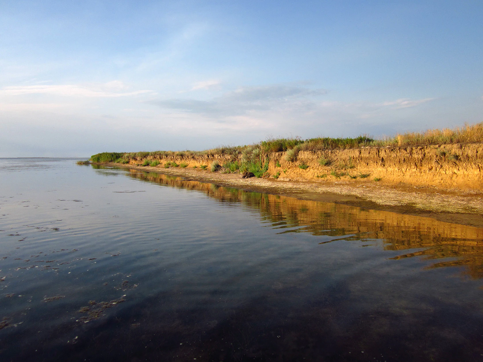 Wide view of calm water reflecting a sandy shoreline with sparse vegetation under a clear sky