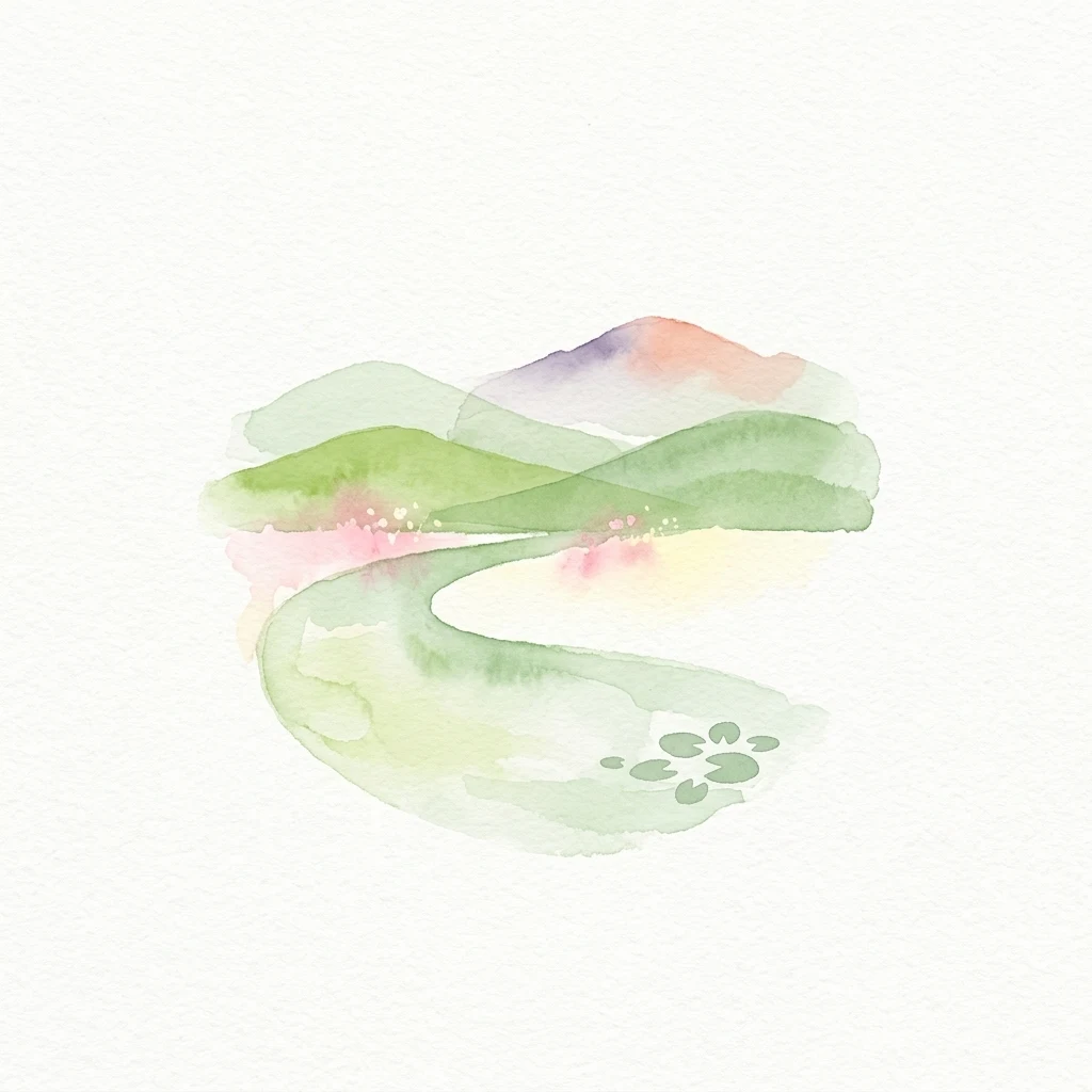 Watercolor illustration of a winding river through green hills and meadows