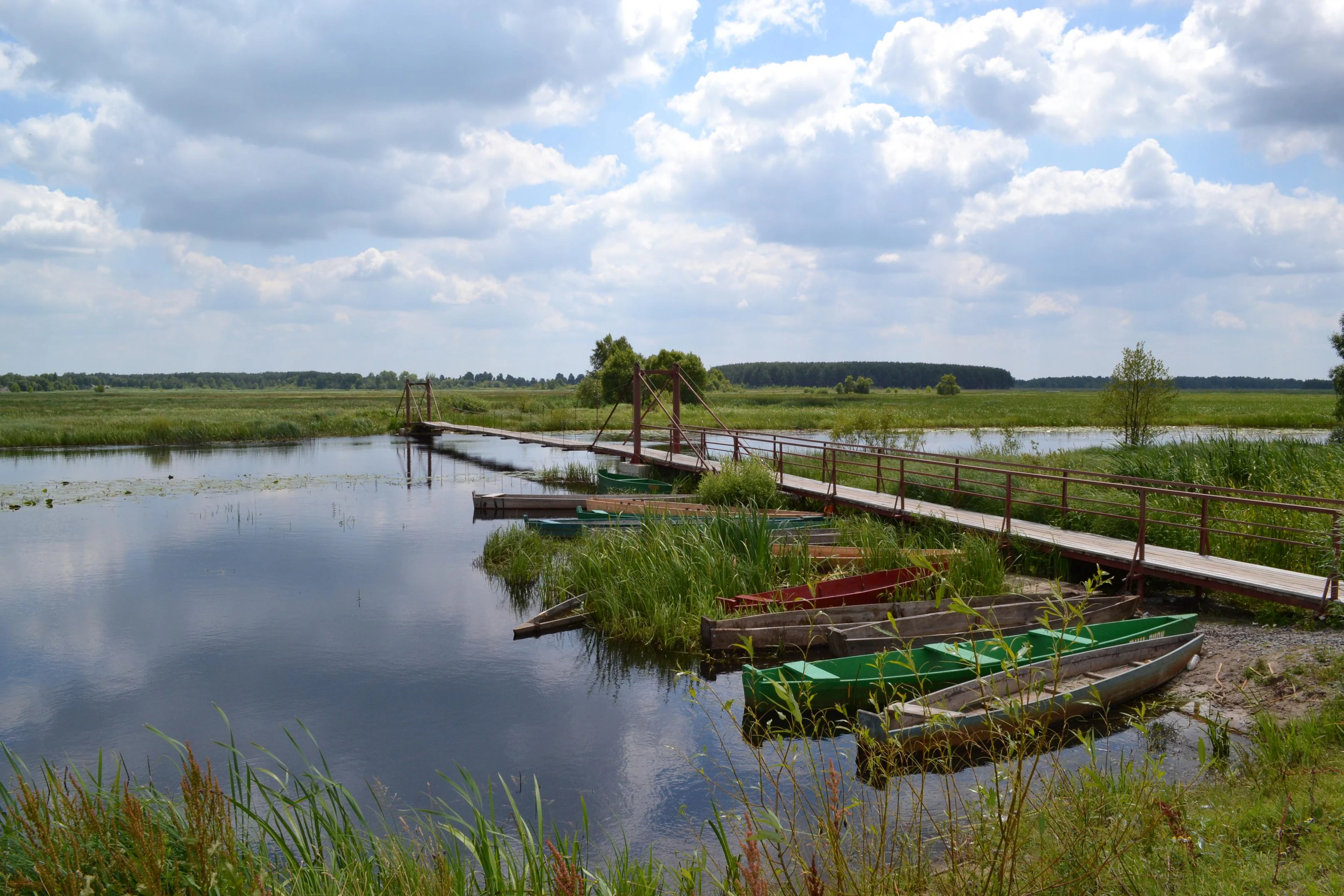 River with calm water reflecting sky, wooden bridge extending across water, multiple boats docked at shore, grassy riverbank and wetland landscape with trees in distance