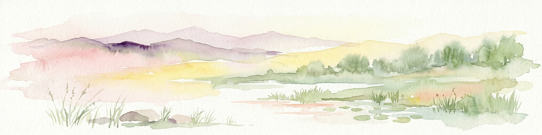 Pintura de acuarela de un paisaje de valle fluvial con prados, colinas distantes y cielo de colores suaves