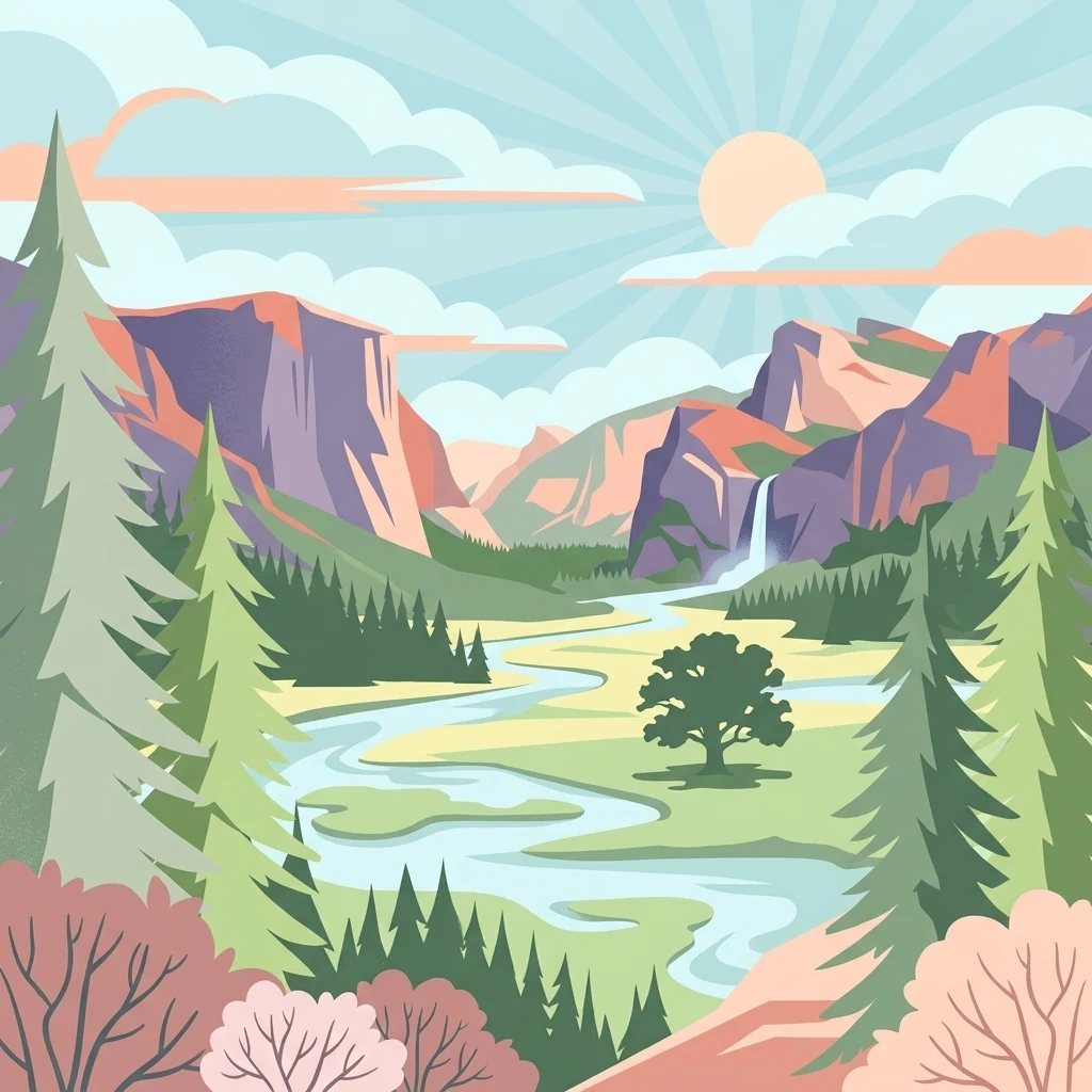 Ilustración de un río serpenteando a través de un valle boscoso con montañas y un sol en el cielo