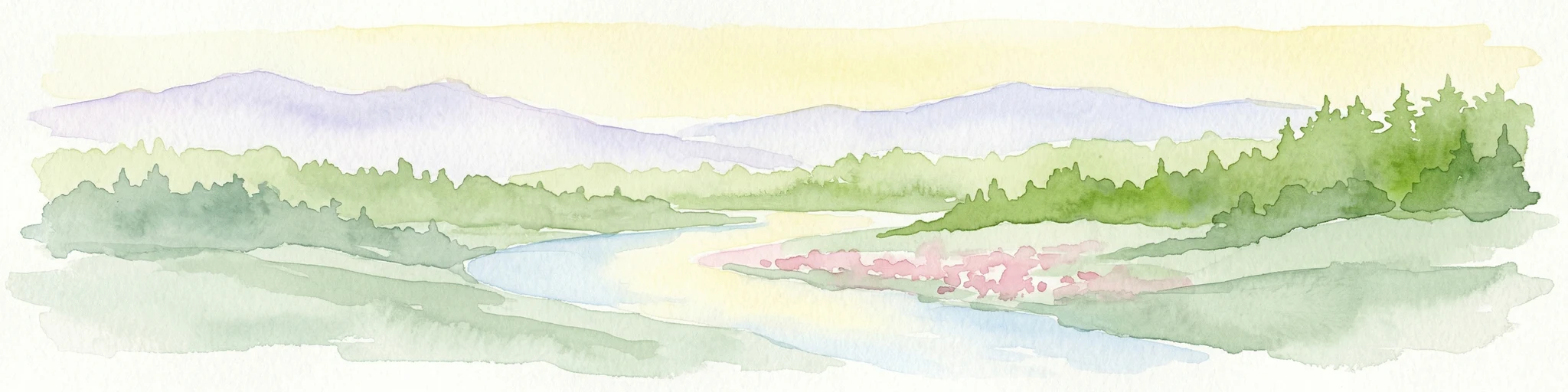 Pintura de acuarela de un valle fluvial rodeado de bosques y montañas
